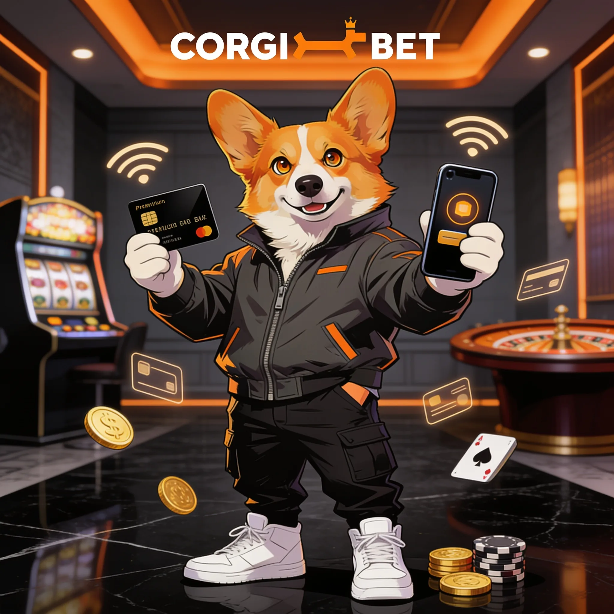 Corgi tenant une carte et un téléphone dans un casino