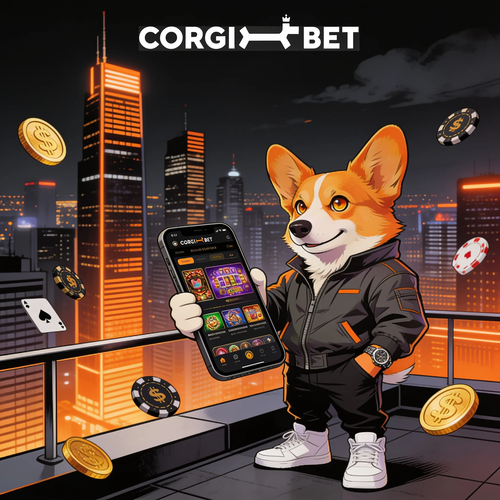 Corgi présentant un smartphone devant une ville de nuit