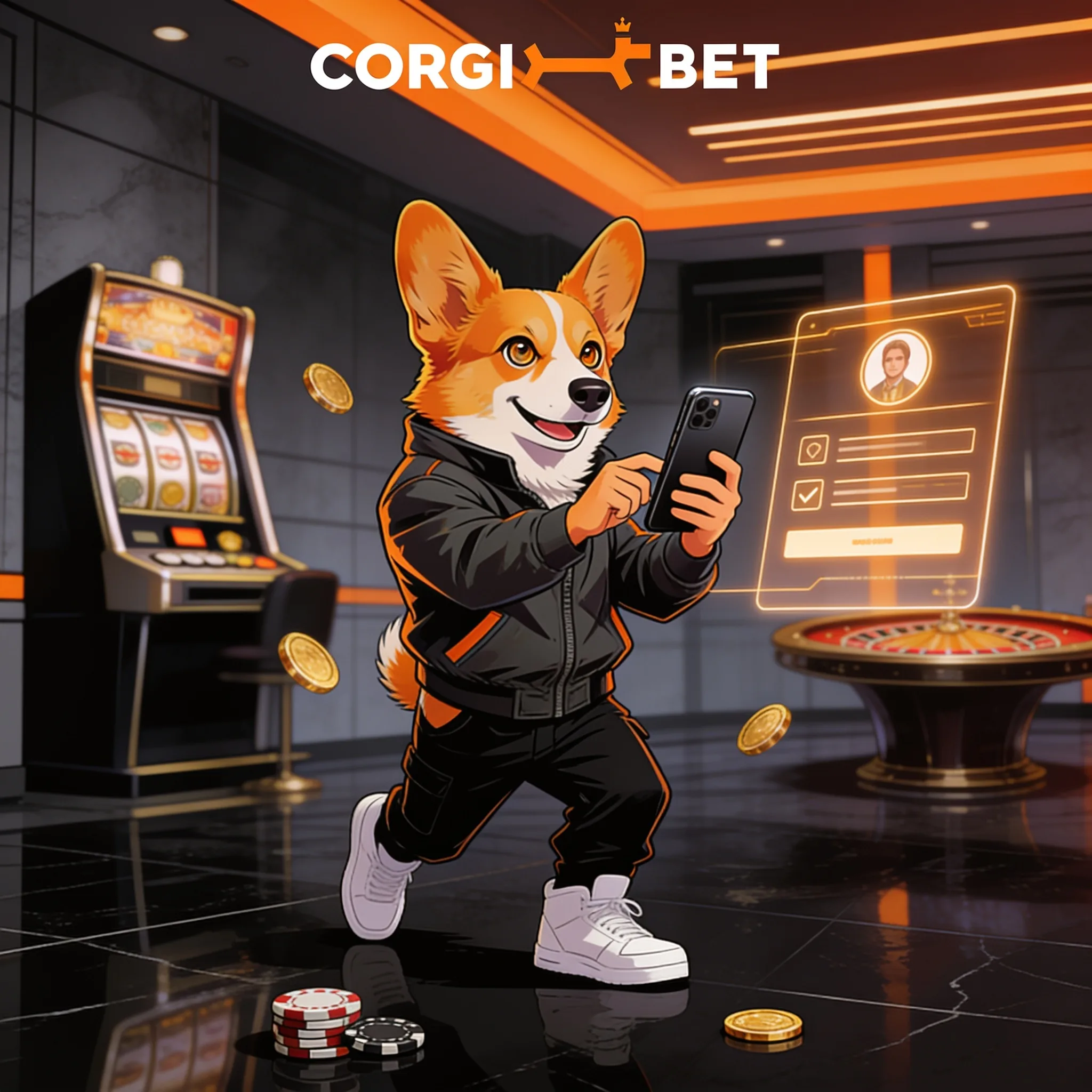 Corgi utilisant un téléphone devant un formulaire de profil